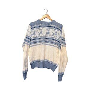Vintage Repage Christmas Sweater XL Reindeer Snowflake Nordic Fair Isle Knit Blu